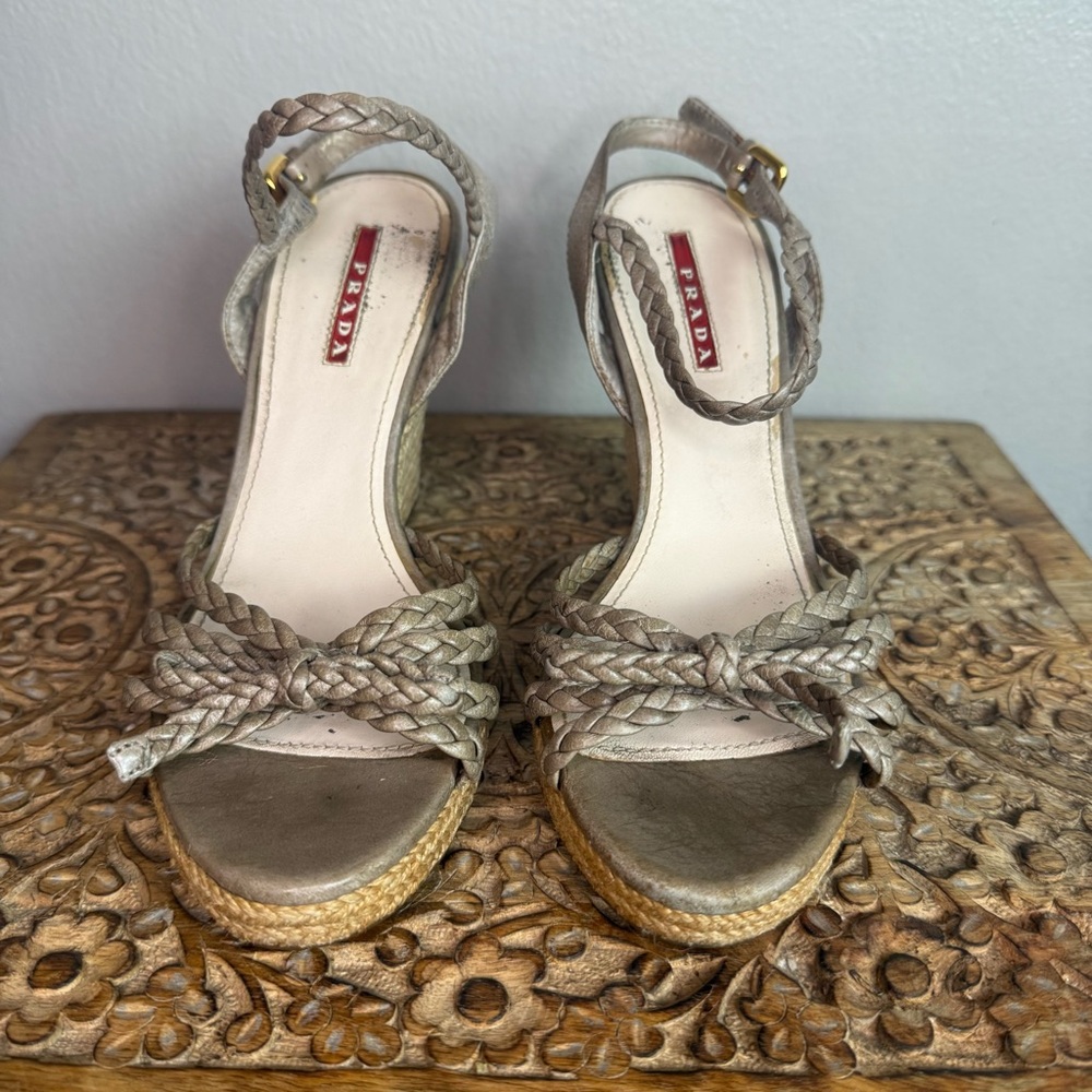 Prada Women's Braided Leather Espadrille Wedge Sandals Sz 36